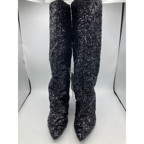 A New Day Abba Black Sequin Covered Foldover Knee High Evening Boots -- Size 8.5 - Picture 3 of 7